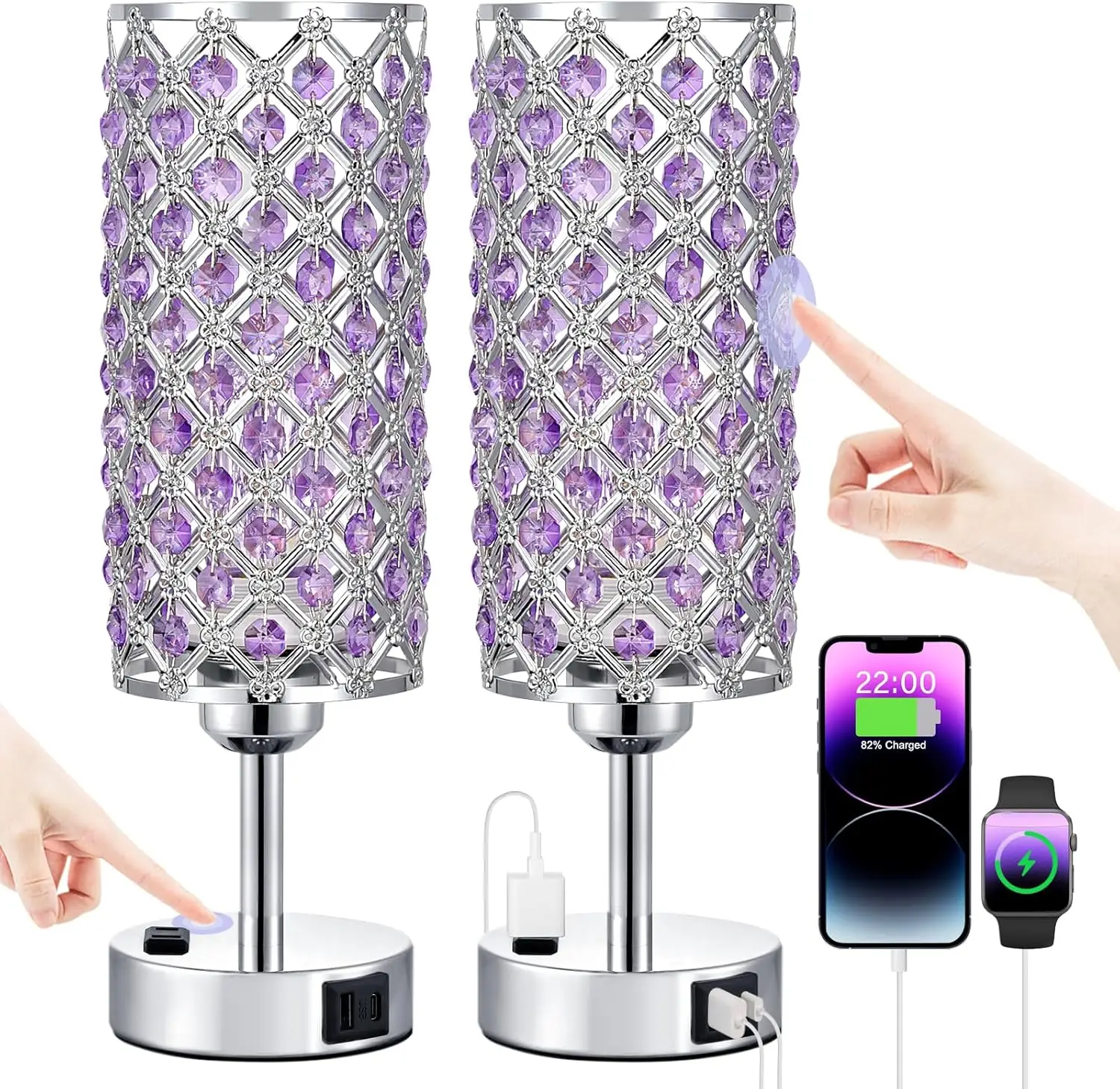 

Set of 2 Crystal Touch Lamps, 3-Way Dimmable with USB-C/A/AC Charging for Bedroom Living Room Office (Purple)