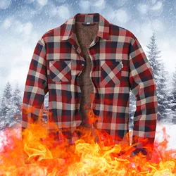 2024 Thicken Warm Spring Work Coat Sherpa Outerwear Men's Fleece Plaid Flannel Shirt Jacket Button Up Casual Cotton Jacket