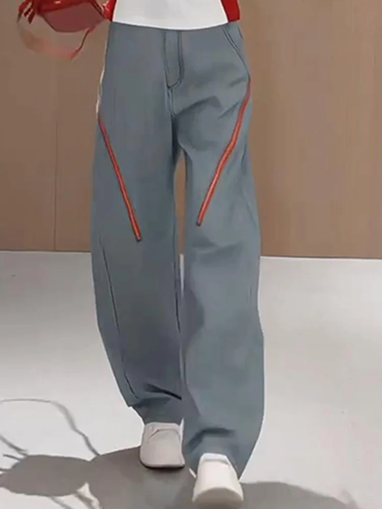 American Style High Waist Slimming Diagonal Zipper Jeans Women's Summer Thin Casual Wide Leg Pants Straight Leg Pants