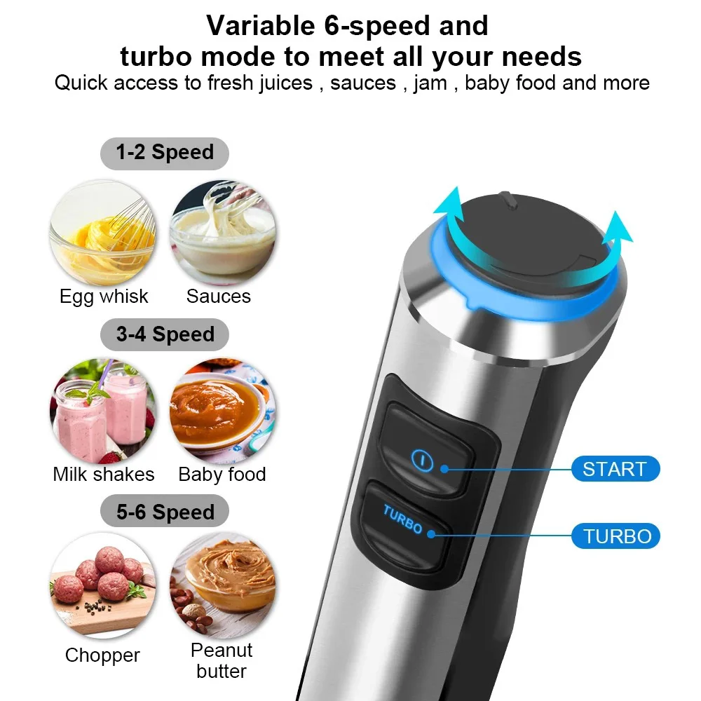 Liquidificador manual 4 em 1 de alta potência, 1200W, misturador de carne vegetal, inclui picador e copo de smoothie, batedor de aço inoxidável