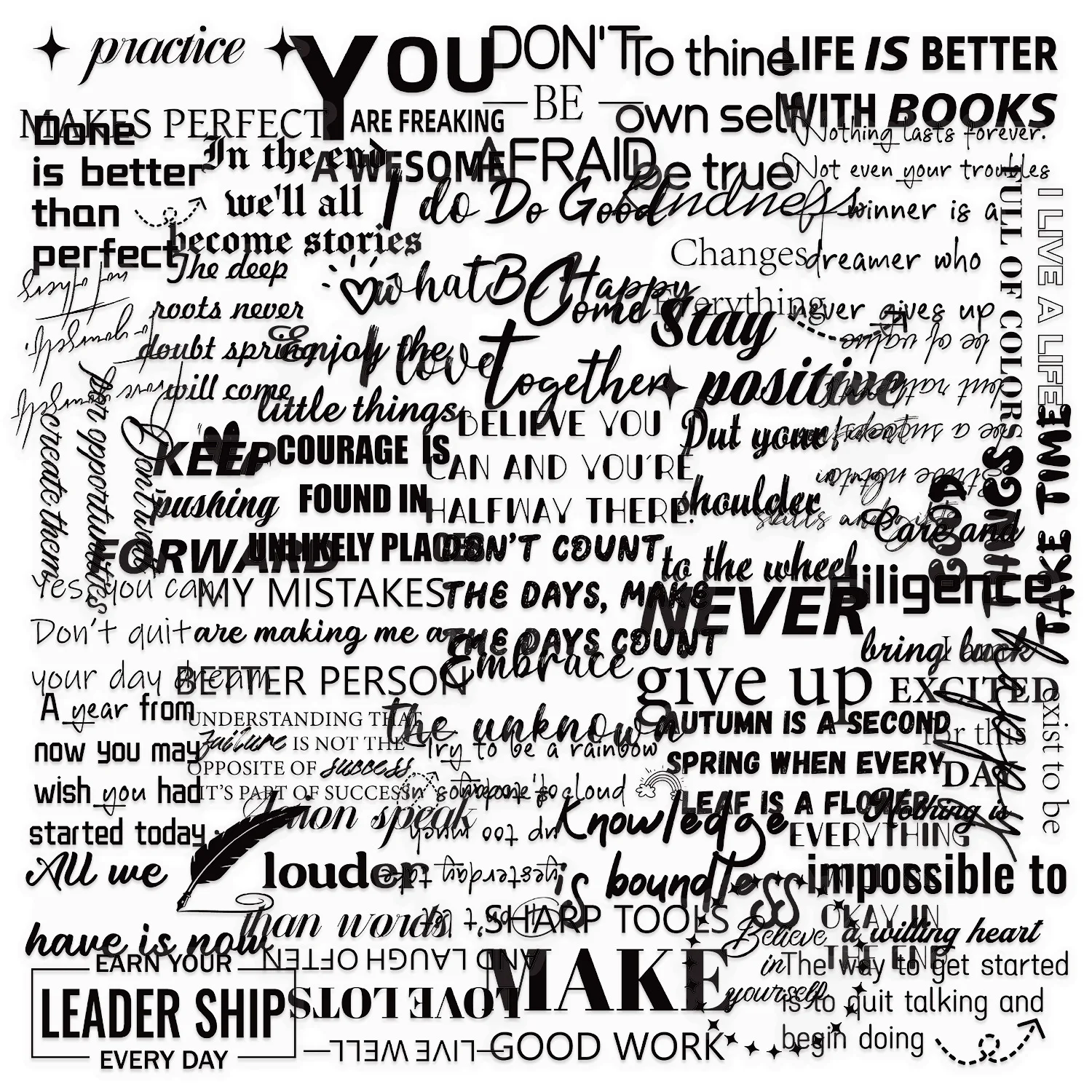 

50PCS Transparent and Inspiring Black and White English Phrases Graffiti Sticker Decoration Laptop Phone Cup Skateboard Kid Toy