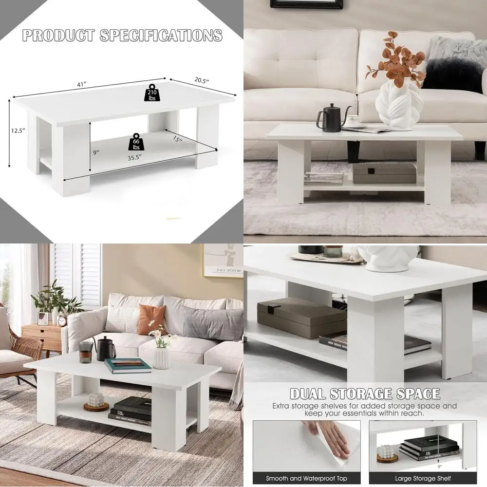 

White 41 Long 2-Level Small End Table with Open Storage, Easy Assembly, Suitable for Accent Coffee Table in Living or Dining Roo