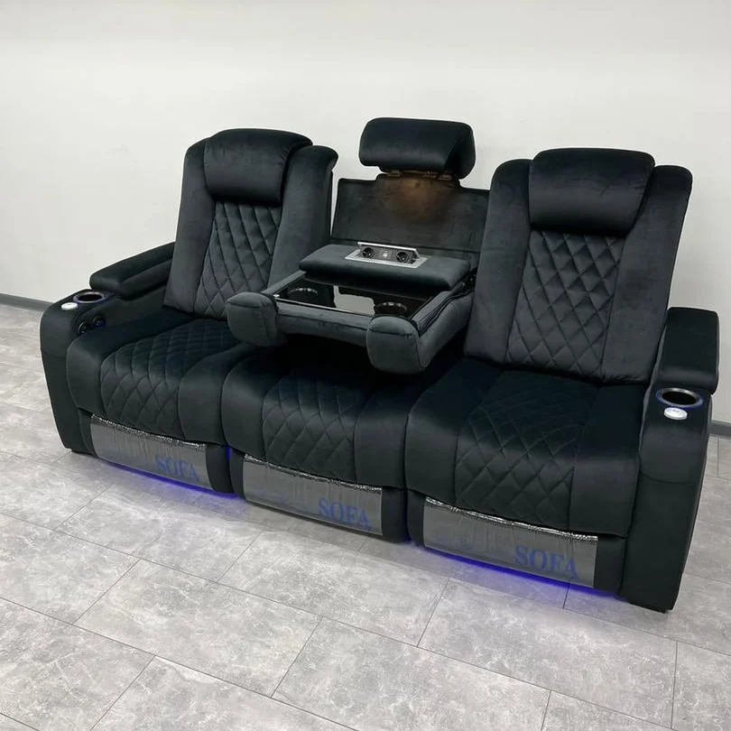 

Best Recliner Sofa Theater Furniture Fabric Cinema Seat Home Movie Room Seating Electric Chair With LED Cup Holder