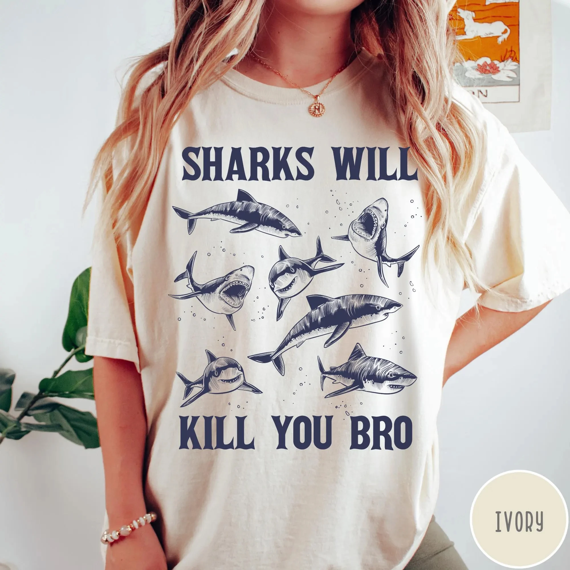 Sharks Will Kill You Bro T-Shirt Funny Beach Shirt Vintage Shark Tshirt Retro Ocean Tshirt Women's T-shirts for Summer