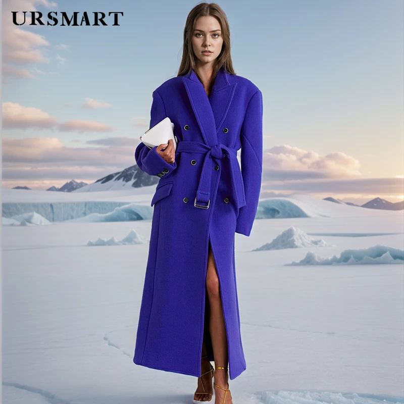 Women's Purple Wool Coat - Ankle Length Double Breasted Custom Wool Blend Waistband Winter Warm