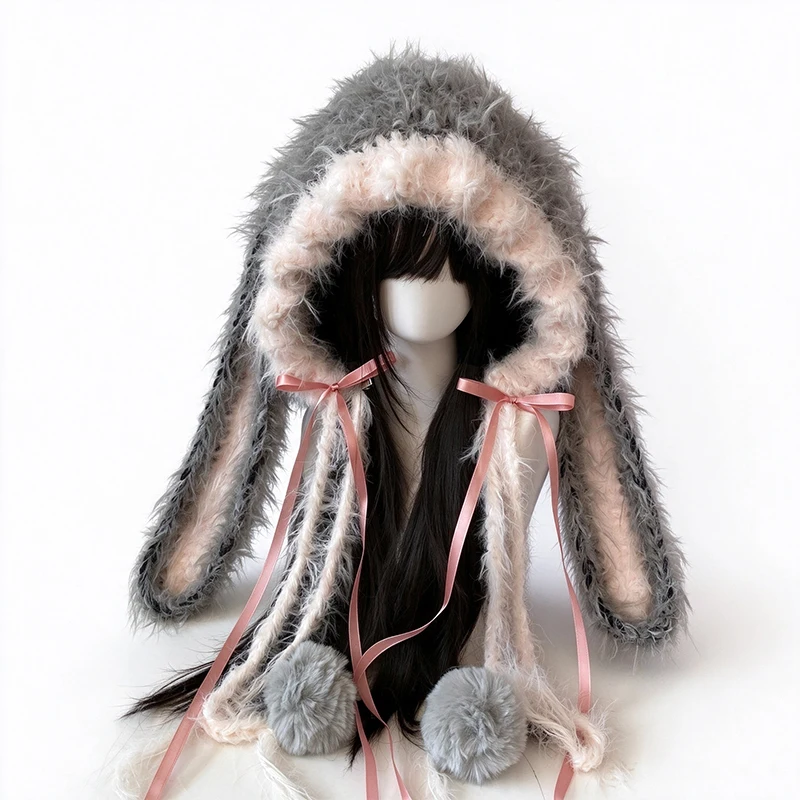 Handmade Pink Grey Bunny Rabbit Ears Bonnet Hat Women Custom Crochet Kawaii Bow Charm Knit Beanie Ladie Sweet Lolita Cosplay Cap