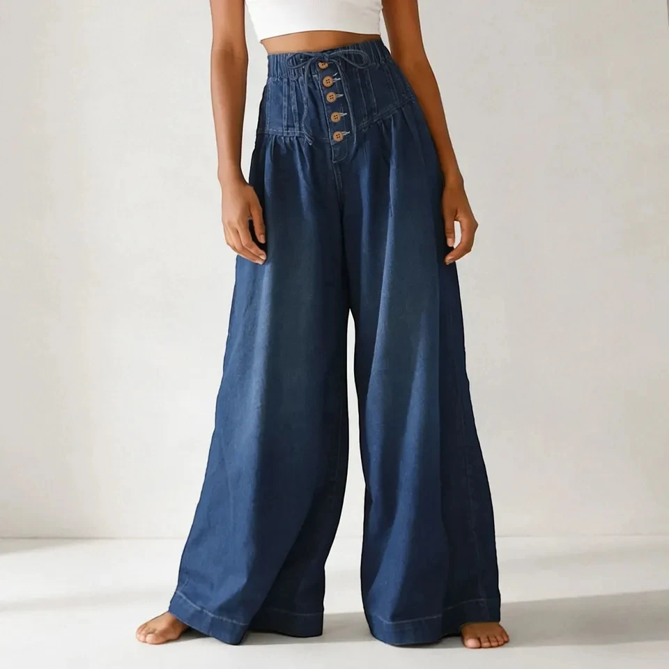 

Vintage Washed Wide Leg Jeans Womens Elastic High Waist Button Casual Trousers Boyfriend Denim Pants Baggy Jeans With Pockets