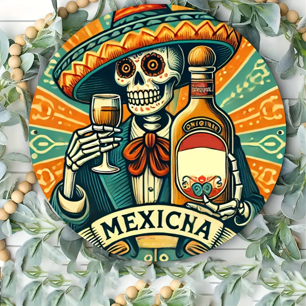]1 2D flat printed wooden logo 1 2D flat printed wooden logo Mexican agave skull design circular logo,