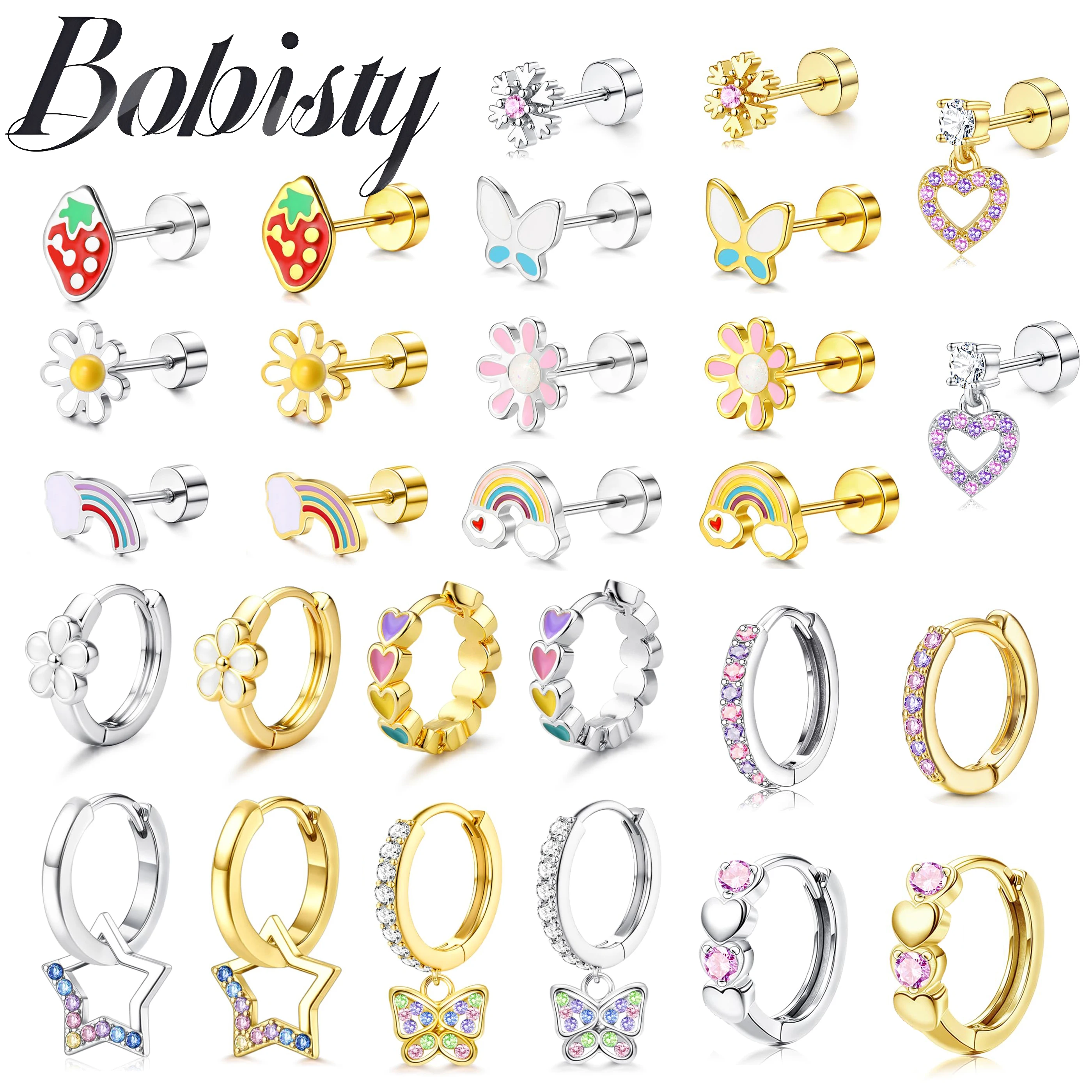 Bobisty 1Piece Hypoallergenic Flat Back Earrings for Women Surgical Steel Earrings Cute Earring 14K Gold Plated Stud Hoops Jewel
