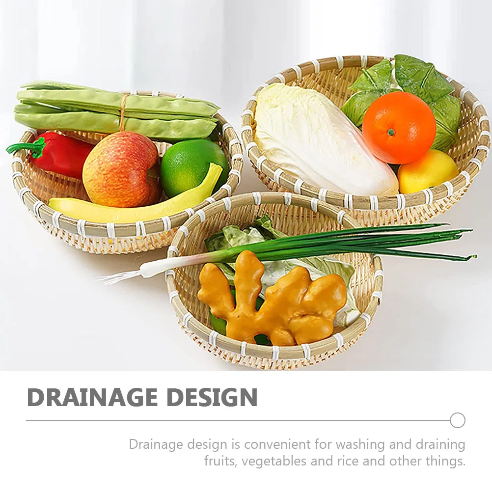 3pcs Bamboo Woven Baskets Vegetable Tea Cake Food Storage Baskets Natural Handmade Round Square Kitchenware Home Decoration