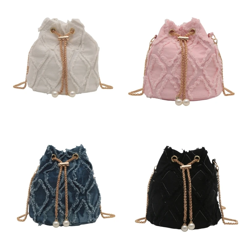 Womens Tassels Denims Small Bucket Bag with Chain Strap Fashionable Jeans Crossbody Shoulder Bag Pearls Drawstring Purse