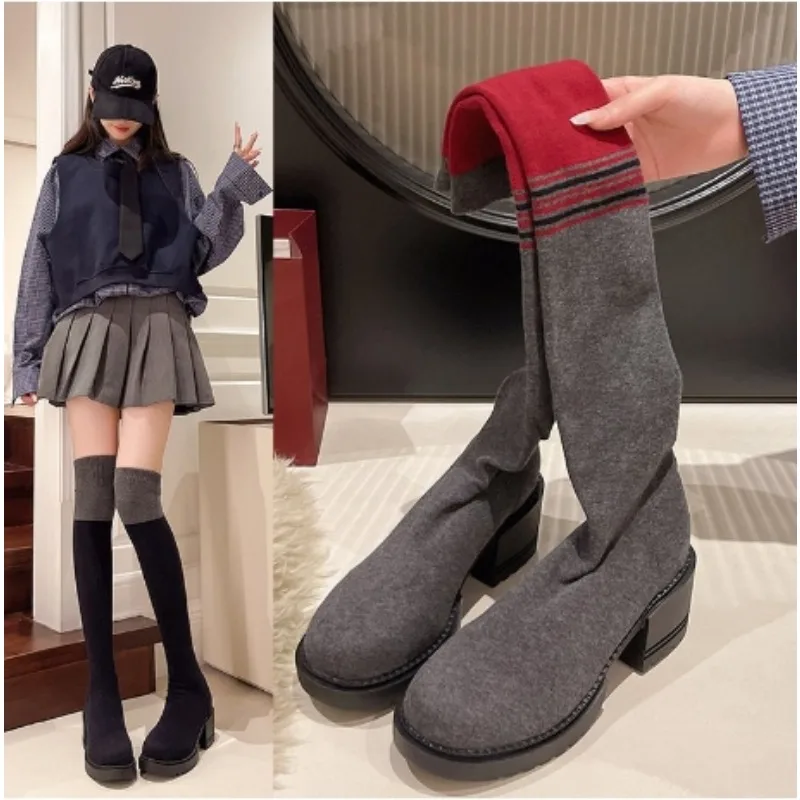 Women's Shoes High Boots Autumn Winter Woman Over-the-knee Long Stocking Elastic Socks New Rock High Heel Round Toe Chunky Black