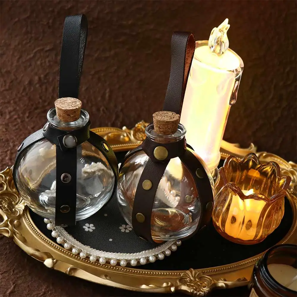 Frasco redondo de couro falso, coldres de garrafa de poção, sacos de cinto, poção mágica redonda, garrafa de vidro, feiticeiro, fantasia de magia escura