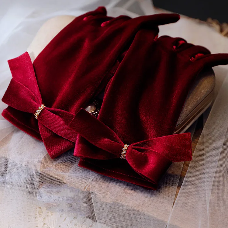 Women's Elegant Bow Wine Red Velvet Glove Female Spring Summer Vintage Sunscreen Driving Photograph Party Glove R2294