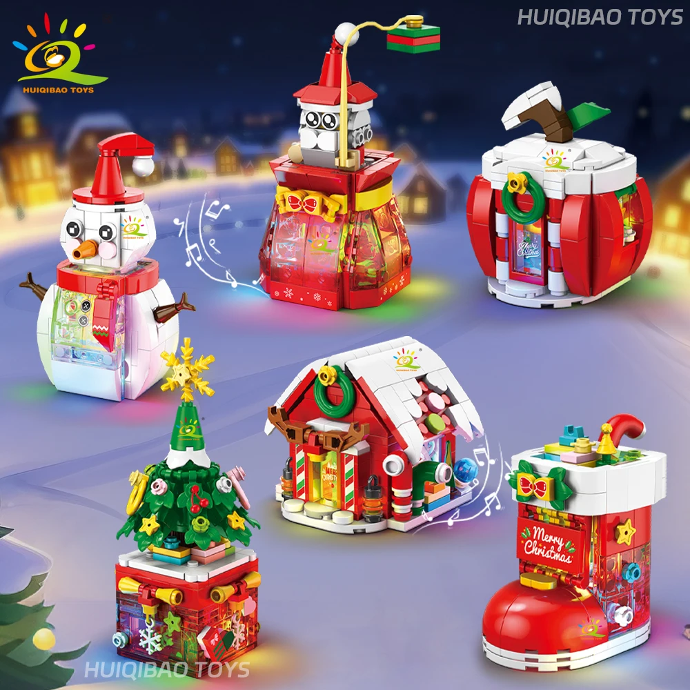 

HUIQIBAO Christmas Apple Tree Santa Claus with LED Muisc Model Building Block DIY Snowman Bricks Toys for Children Adult Gift