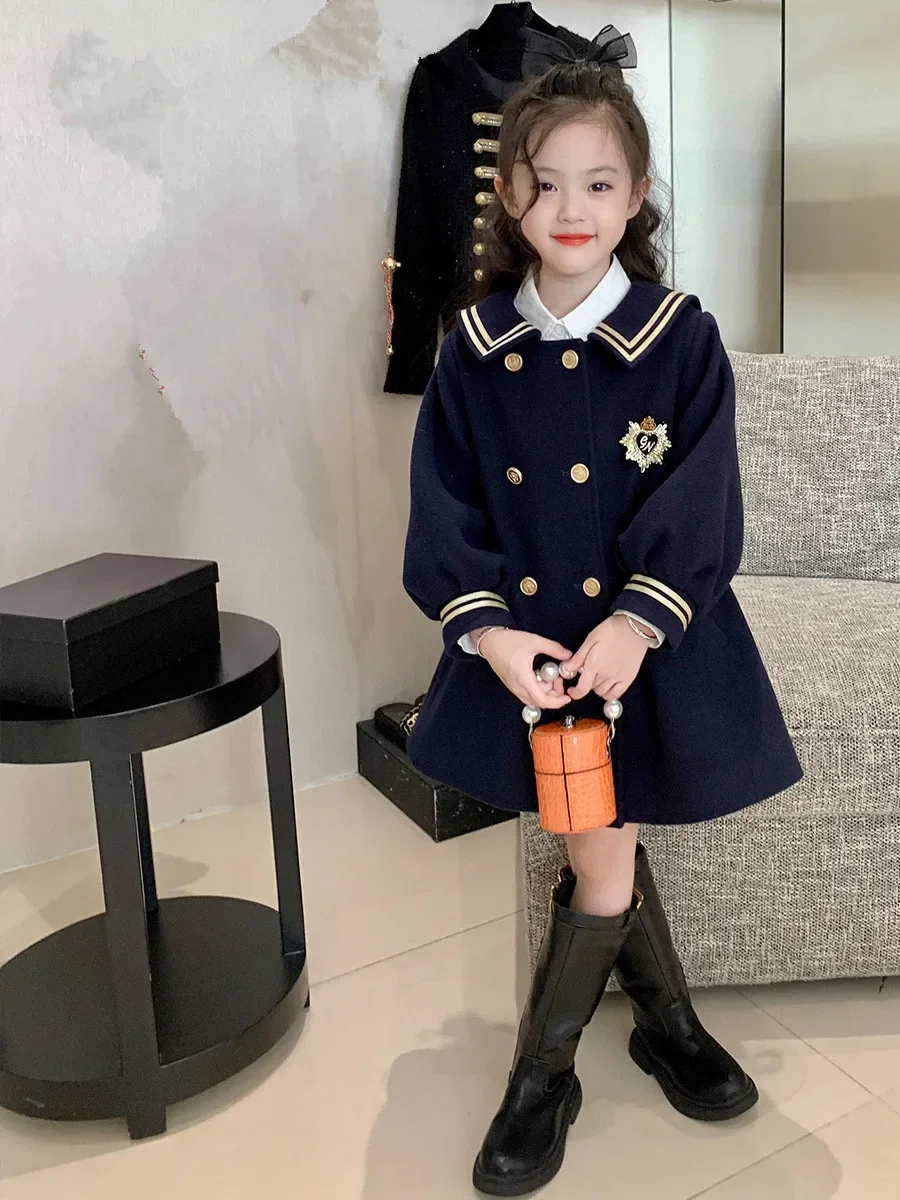 Girls Mid-length Coat 2024 Spring Autumn Navy Style Coat Little Girls Toddler Fashion Double Breasted Clothing