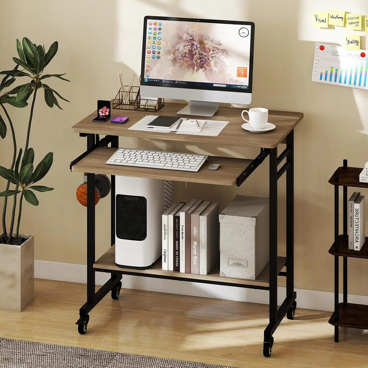 Rolling Computer Desk with Keyboard Tray, Mobile Laptop Desk with CPU Stand & 3 Hooks for Sofa & Bed, Compact Desk  Customized