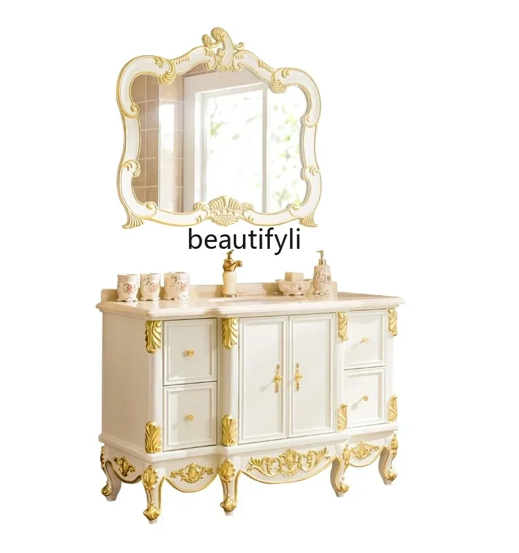 

new style Luxury European-Style Bathroom Cabinet Oak Solid Wood Floor-Standing Bathroom Cabinet Bathroom Table Wash Face Wash Ba