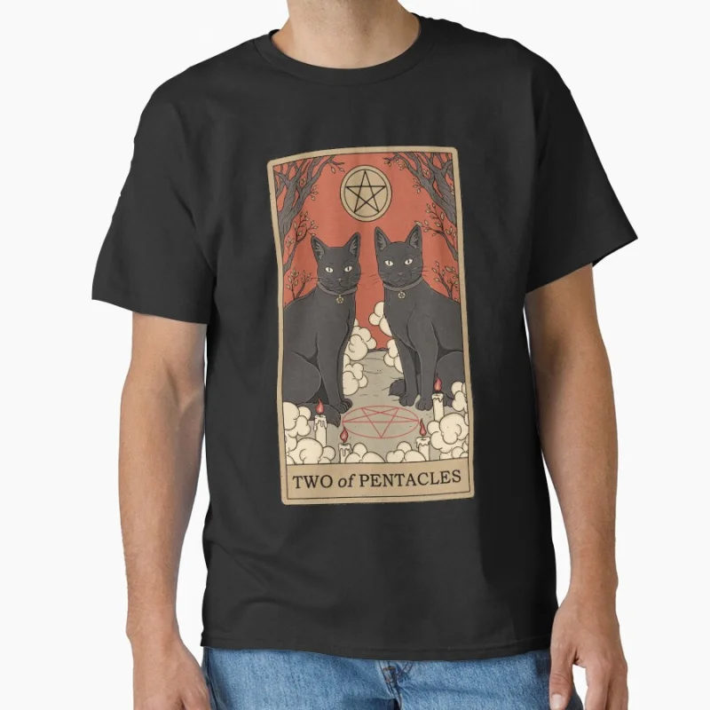 

Two of Pentacles Vinage Tarot Card Cat Funny magical cats cute pet Gift T shirt for men large size Adult Tops S-6XL clothing