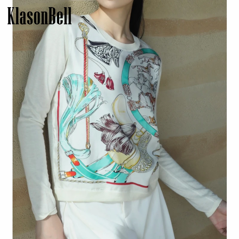 9.25 KlasonBell Comfortable Silk Pattern Print Spliced Long Sleeve Knitted Pullover Top Women