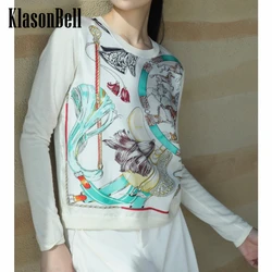 9.25 KlasonBell Comfortable Silk Pattern Print Spliced Long Sleeve Knitted Pullover Top Women