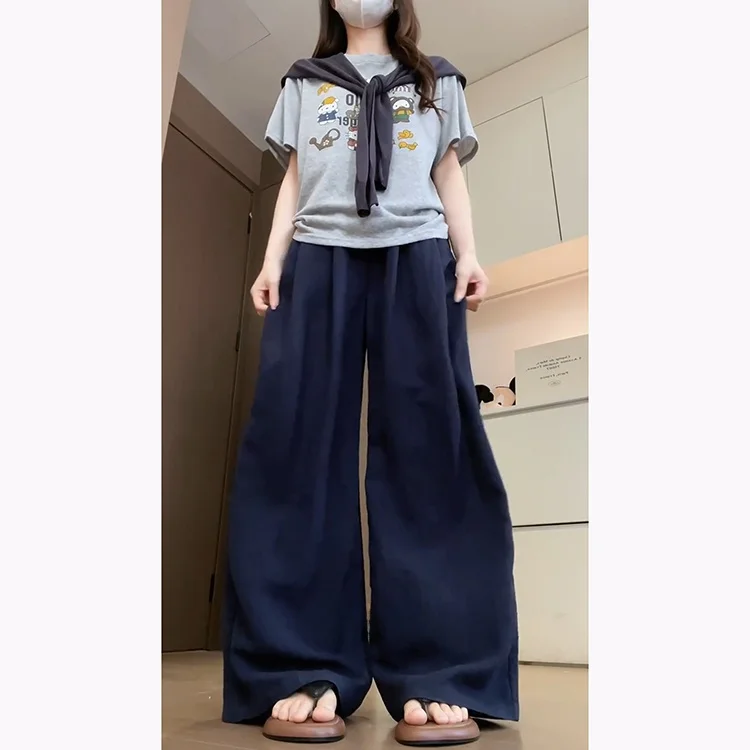 Spodnie damskie z wysokim stanem, plisowane, luźne, codzienne, wyszczuplające, do ziemi, w stylu lazy, na wczesną jesień.