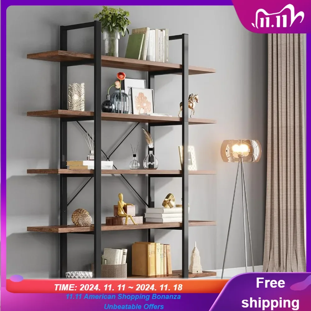 5-Tier Bookshelf, Vintage Industrial Style Bookcase 72 H x 12 W x 47L Inches, Retro Brown