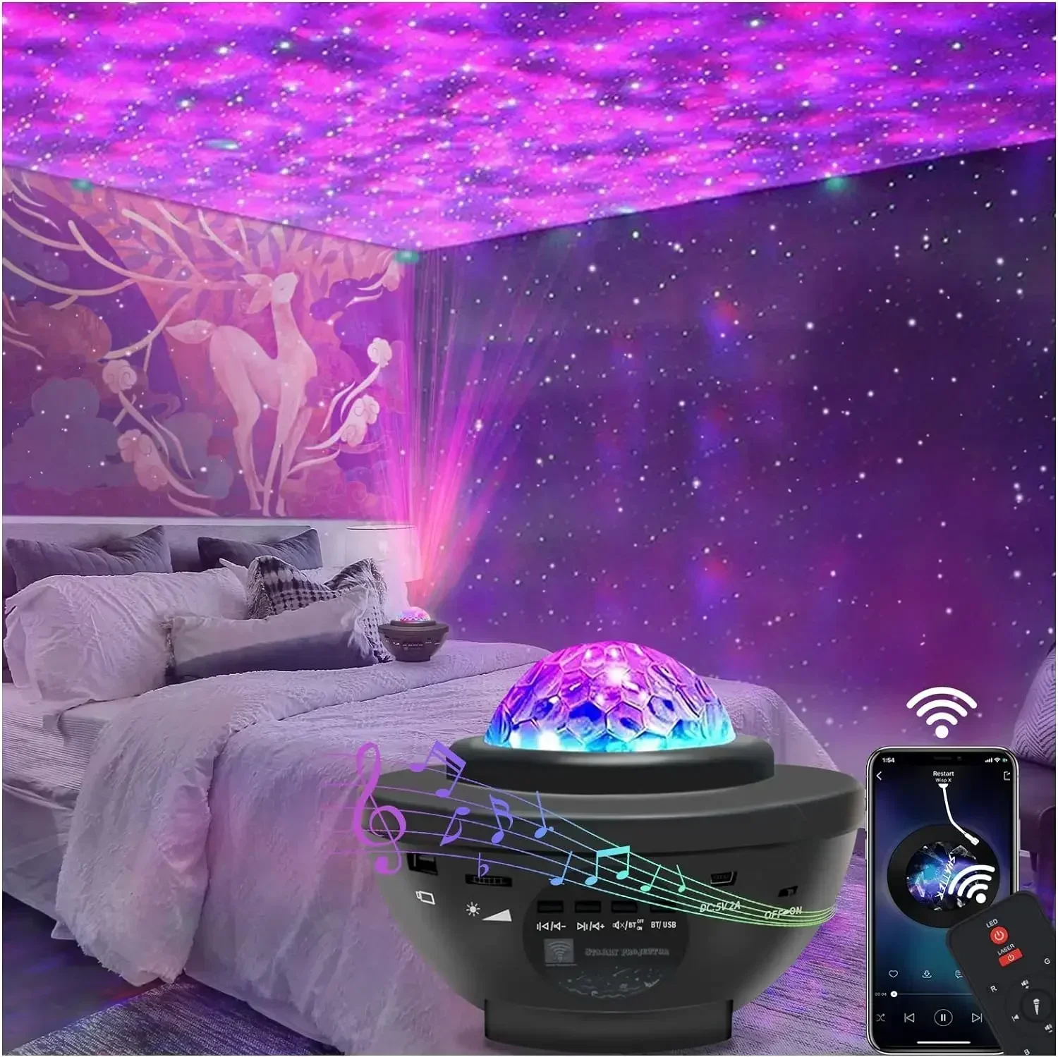 Projecteur d\'étoiles Galaxy avec haut-parleurs Bluetooth, veilleuse, minuterie, télécommande, décor de pièce, lumières LED pour décor de chambre à