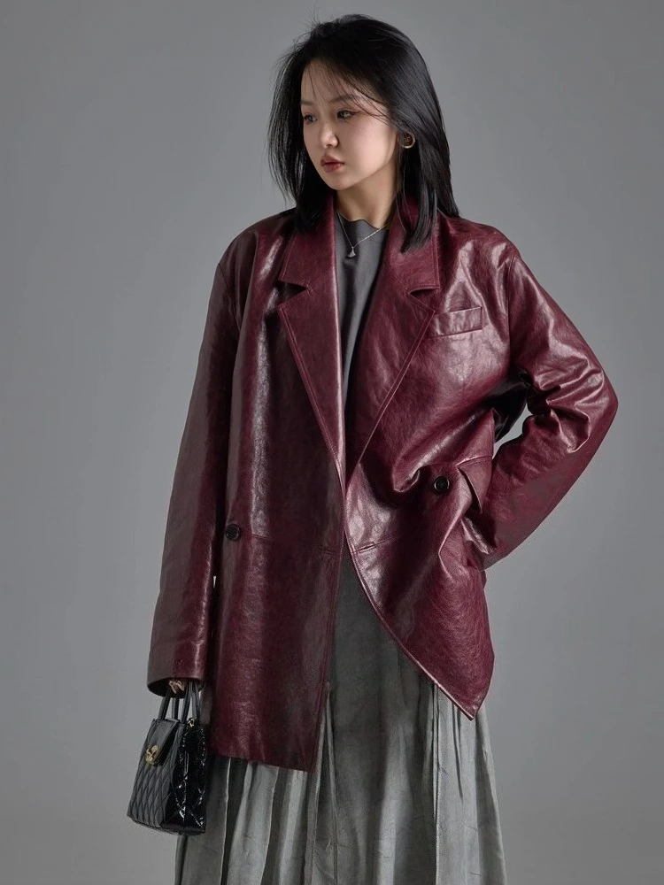 Vintage-Blazer aus echtem Leder für Damen, Herbst und Winter, 2022, neuer High-End-einfacher, lockerer, weicher Ölwachs-Mantel aus echtem Schaffell