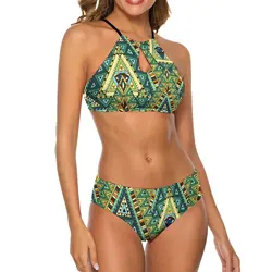 Seksowne etniczne bikini w stylu boho zielono-żółty Trend strój kąpielowy bikini Push Up stroje kąpielowe z wysokim stanem graficzny strój kąpielowy