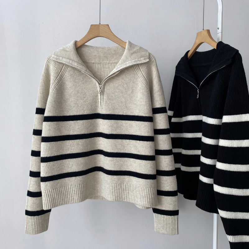 2024 Autumn/Winter New Half Zipper Casual Navy Stripe Sweater Thickened Small Casual Versatile Lazy Style Knitted Sweater