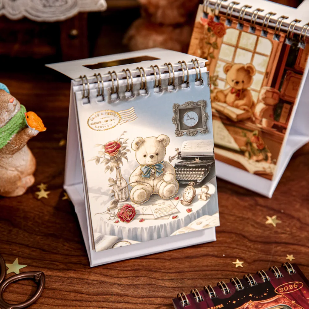Kalendarz Mini Cartoon Bear na rok 2026, mały kalendarz biurkowy, kreatywny kalendarz spiralny, planer, dekoracja na biurko, ozdoba, artykuły biurowe.