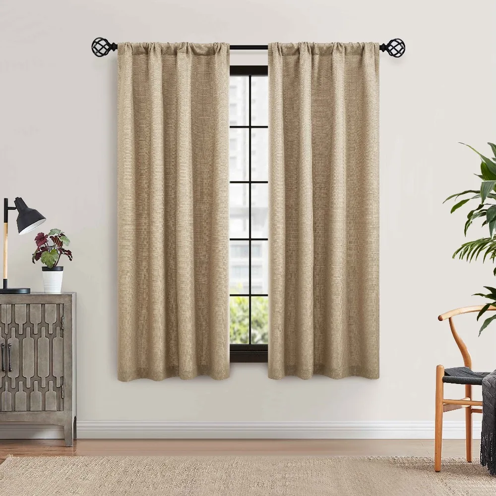 Light Filtering Curtains Set of 2 Beige Textured Window Panels 40 Inches Wide 63 Inches Long for Living Room Bedroom