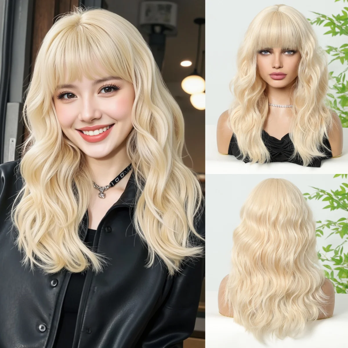 

Wavy Blonde Synthetic Medium Length Wigs Party Daily Natural Hair Wigs With Bangs Cosplay Wig for Women Use Heat Resistant Fibe