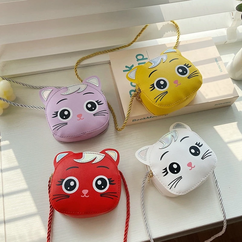 Tas Tangan Mini Kulit Anak-anak Tas Selempang Kucing Mata Besar Tas Bahu Kucing Anak Perempuan Dompet Koin Kecil Dompet Hewan Lucu