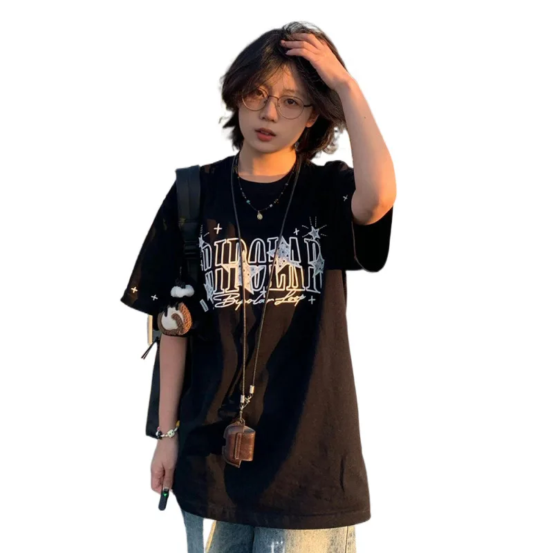 Women's Letter Print Summer T-Shirt, Star Print Tees Female, Casual Style 2025,short sleeve Tops Woman