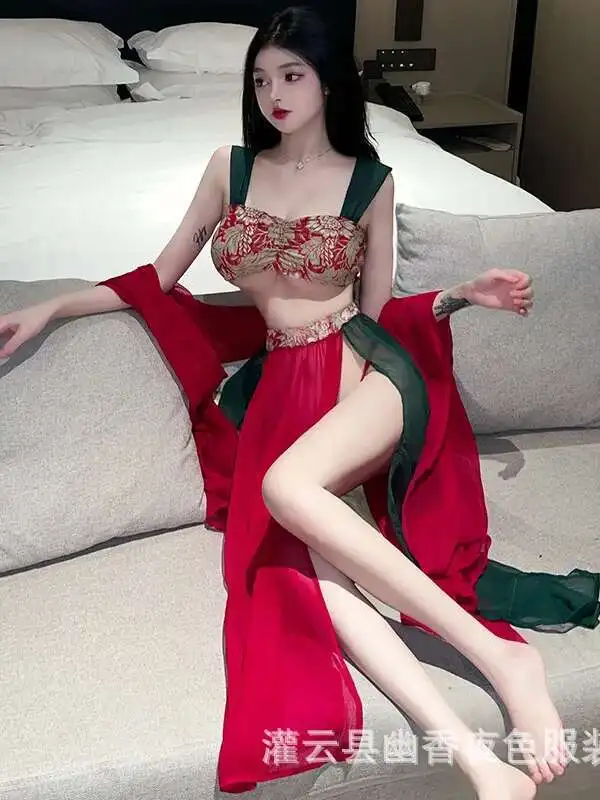 สไตล์จีนชุดยาวสีแดงแฟชั่นตาข่าย Sheer โปร่งใสเซ็กซี่ Hanfu Uniform Temptation โบราณสไตล์ผู้หญิงชุด 6GMW