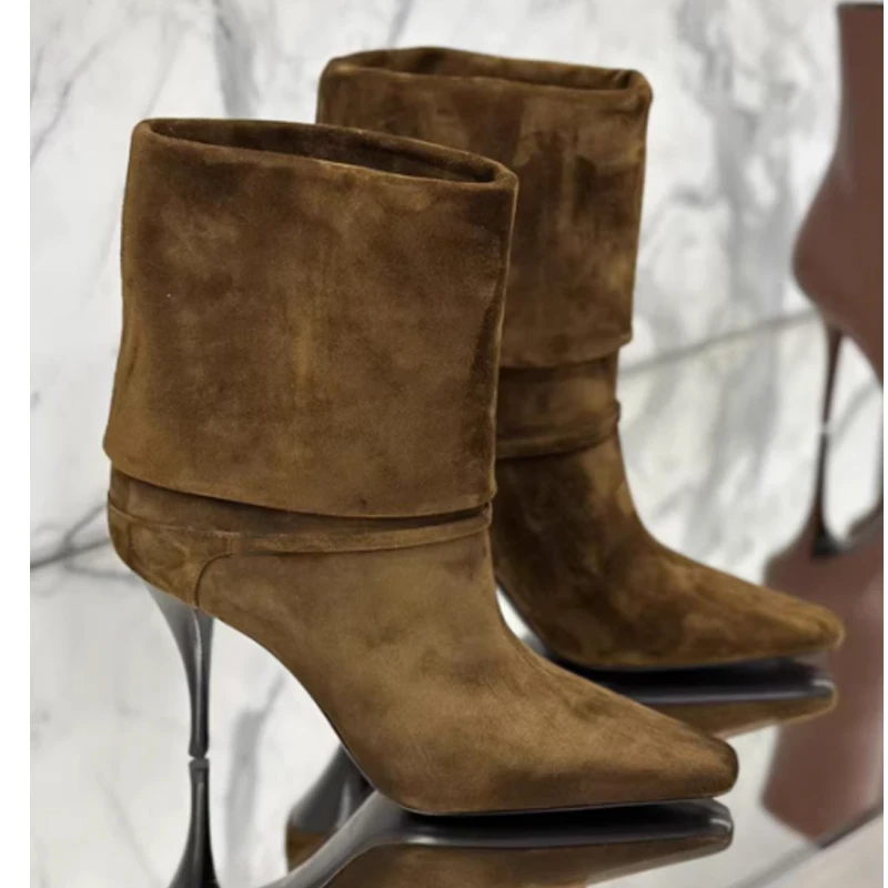 

Brown Suede Pointed Toe Turn-Up High Heel Ankle Boots Woman 2026 Autumn Winter Fashion Flip Cuff Slip-On Stilettos Short Boots