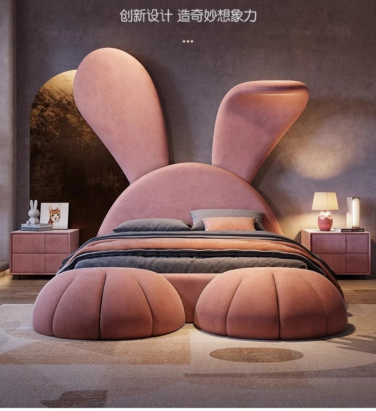 Menina rosa coelho cama dos desenhos animados internet celebridade moderno simples quarto único tecido cama de madeira maciça