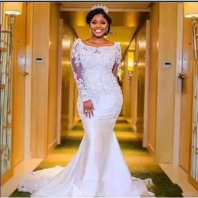 Customized Plus Size Dresses Mermaid Long Sleeves Sweep Train Lace Bridal Gowns African Wedding