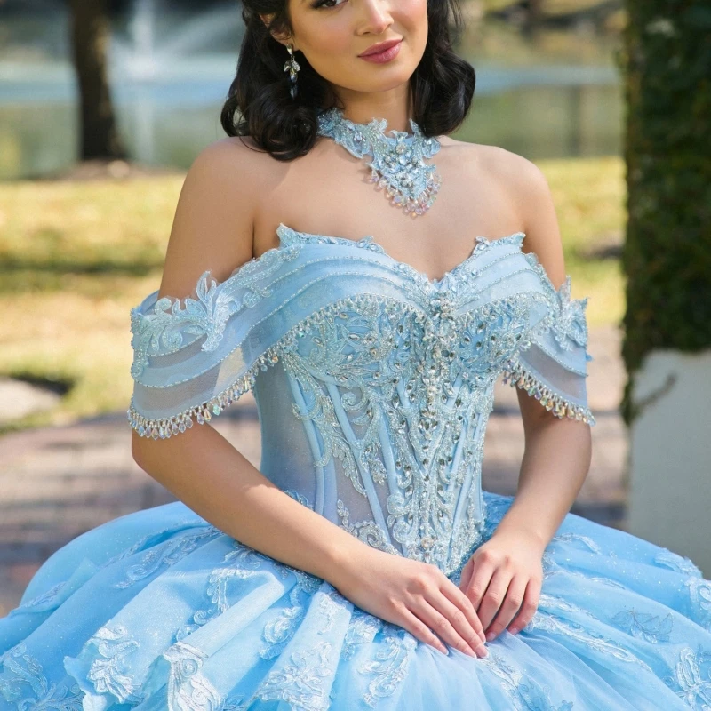 Light Blue Glitter Quinceanera Dresses Off Shoulder Ball Gown Sweet 16 Dress Applique Lace Beads Tull Party Birthday Vetidos 15