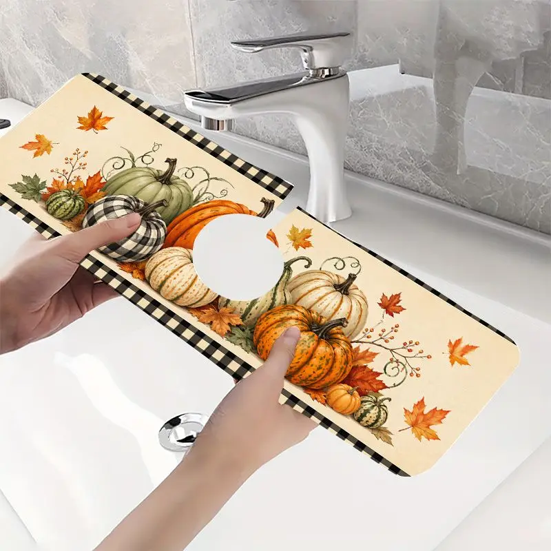 VIKAMA Buffalo Plaid Pumpkin Faucet Mat Fall Print Absorbent Non Slip Sink Drainer Pad For Thanksgiving Rustic Decor