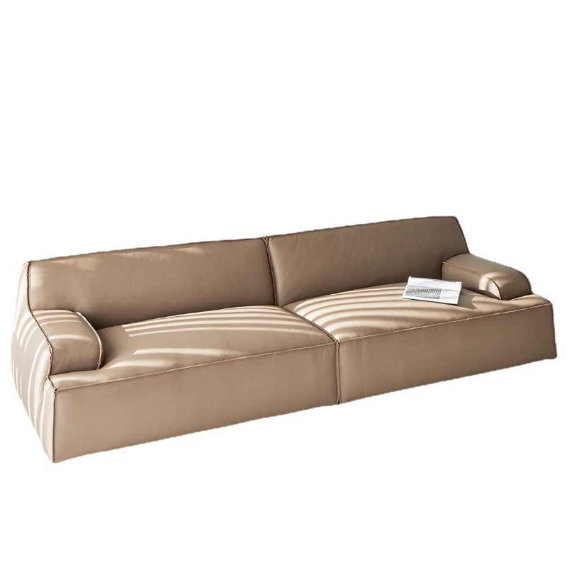 

Full leather cream tofu block matte fabric, straight row living room, sofa