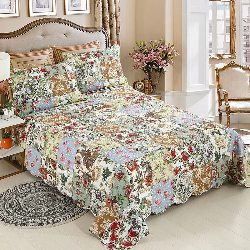 Luxury Summer Cotton Quilt Set 3PC Floral Patchwork Bedspread Lightweight Boho Bedding Cover for Queen King Size Bedroom Decor