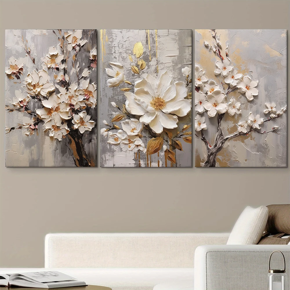 Three modern minimalist floral canvas decorative paintings, featuring magnolia flower patterns, 2D flat-printed, unframed