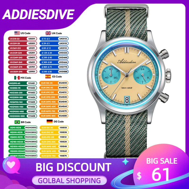 

ADDIESDIVE 2025 NEW Quartz Watches For Men 38mm VK64 Bubble Mirror Glass AD2095 Reloj Hombre 100M Waterproof Watches Men's Clock