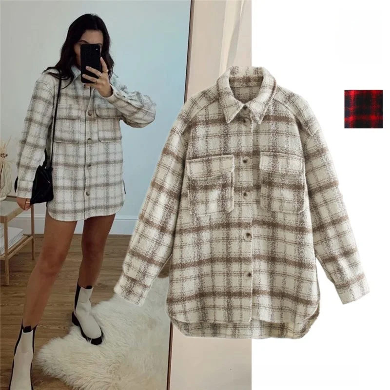 

Briti Sle Plaid Loose Long Sve Women's Coat Casual Faion Button up Top Autumn Winter Street Sle Collar
