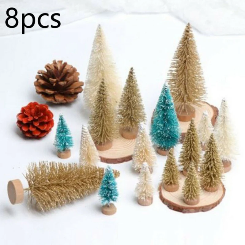 8Pc/set Artificial Mini Christmas Trees Figurine Sisal Snow Frost Bottle Brush Trees Plastic Winter Snow Ornaments Garden Decor