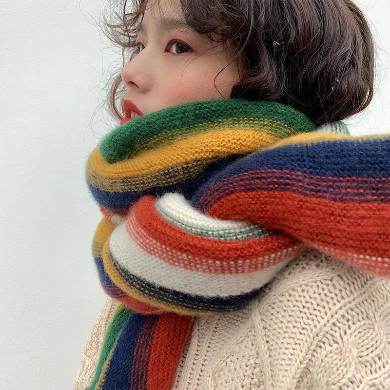Ladies' rainbow Scarves Japanese Winter Thickened Plush Warm Knit Cute Shawl Kawaii Sweet Simple Versatile Preppy Style Scarf