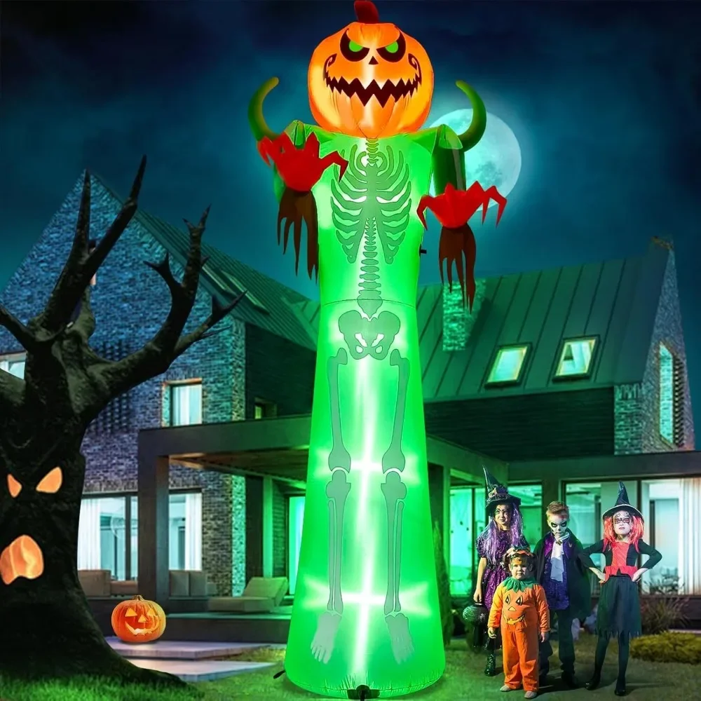 

12FT Halloween Inflatable with LED Light, Giant Pumpkin Halloween Outdoor Decoration Scary Pumpkin Skeleton Blow up Inf